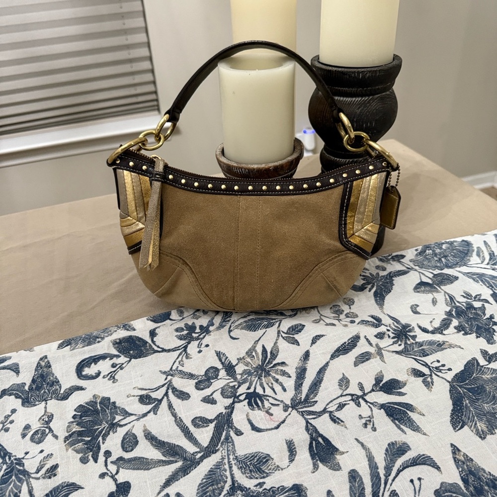 Coach Tan and Gold Suede Mini Bag with Studs